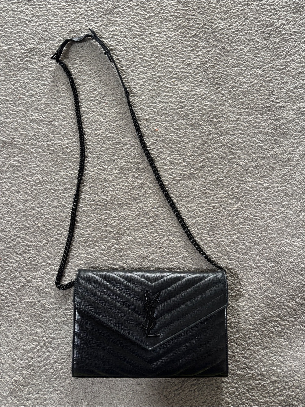 Saint Laurent Black Chevron Quilted Leather Crossbody Bag with Chain Strap